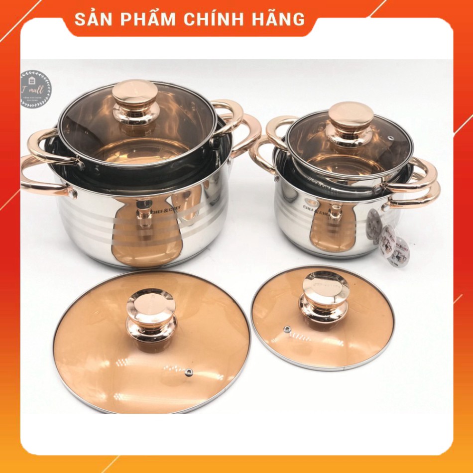 Bộ nồi CHEF&CHEF 6 món 12 chi tiết nắp vung kính, công nghệ Đức, đáy Inox 5 lớp cao cấp, sang trọng- Bảo hành 12 tháng