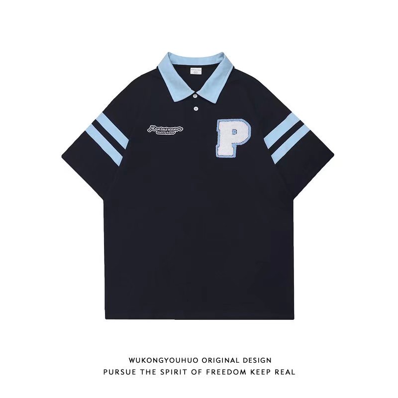 Áo Thun POLO Tay Ngắn Dáng Rộng Thêu Chữ Phong Cách Học Sinh Nhật Bản Dễ Phối Đồ Thời Trang Mùa Hè Cho Nam Nữ Size M-2xl