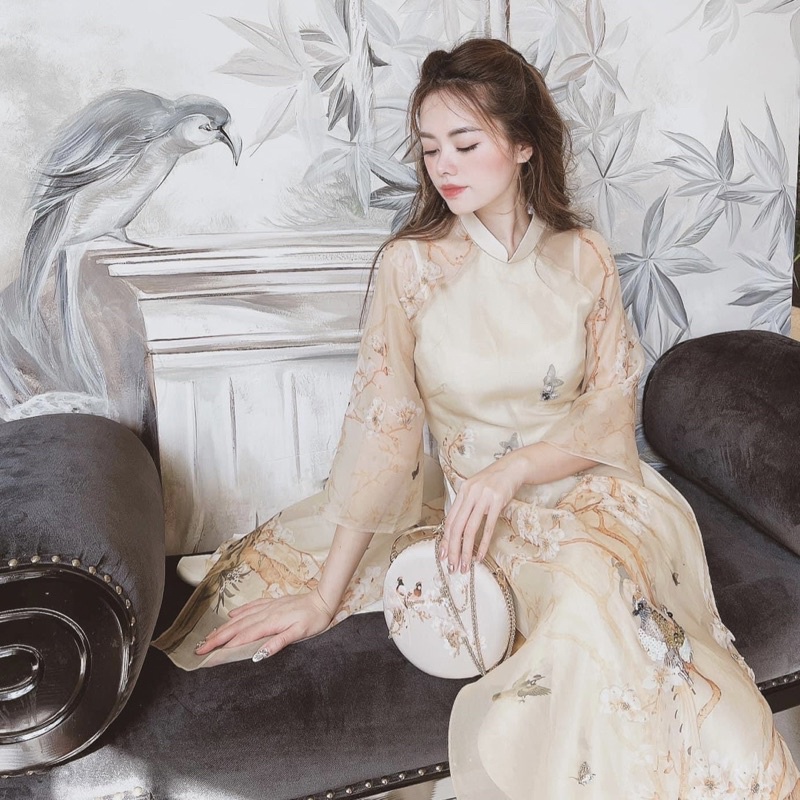 Áo Dài Voan Tơ 4 Tà Màu Da In Hình Cao Cấp_ADCHIMDA