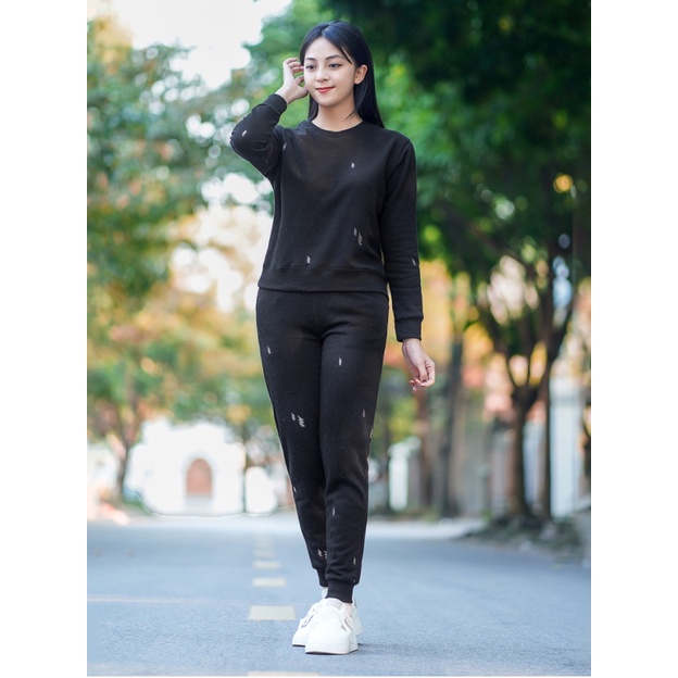 BỘ NỈ BÔNG CAO CẤP  dày dặn, mềm mịn siêu ấm XUẤT HÀN - Black