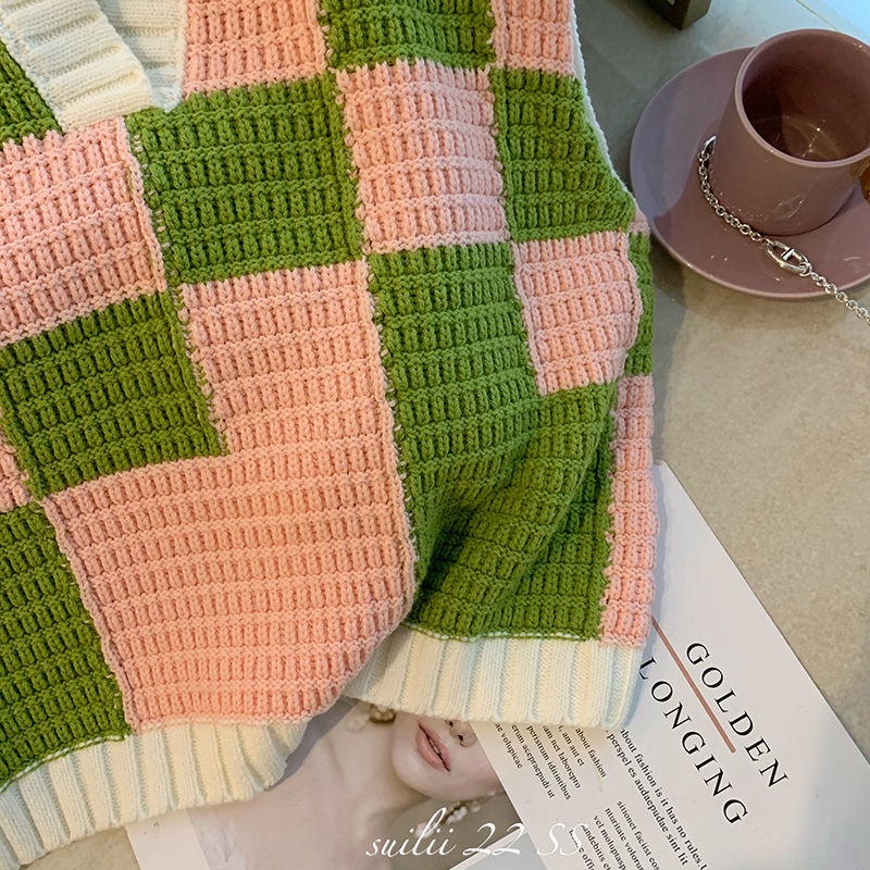 Áo sweater Sát Nách Dáng Rộng Cổ polo Họa Tiết Kẻ Ô Nhiều Lớp Màu Sắc Tương Phản Thời Trang Xuân Hè Cổ Điển Dành Cho Bạn Nữ