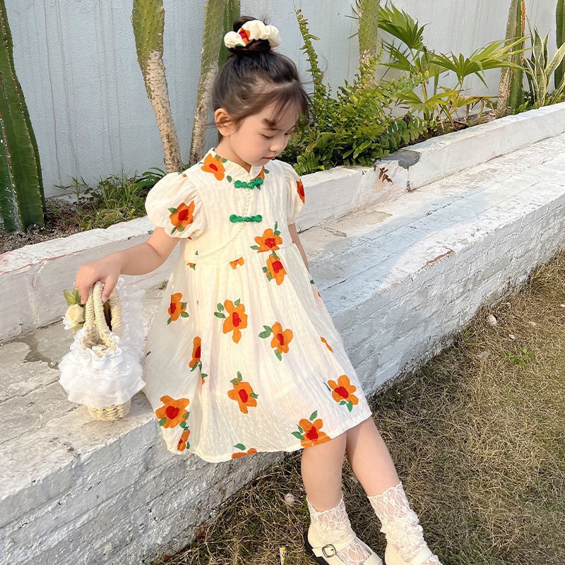 Đầm Sườn Xám Ngắn Tay In Hoa Cho Bé Gái