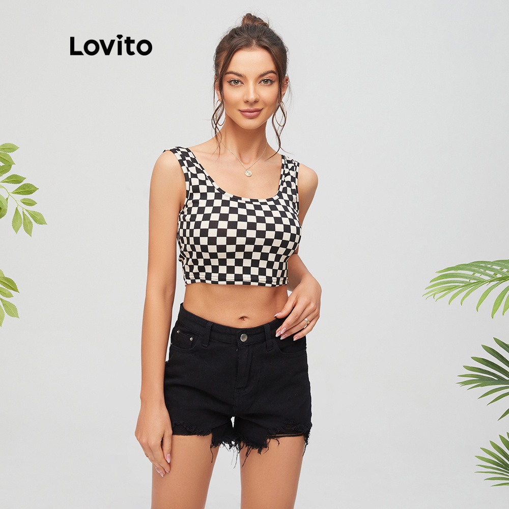 Áo tank Lovito top cổ vuông kẻ sọc caro màu đen L11D04 | BigBuy360 - bigbuy360.vn