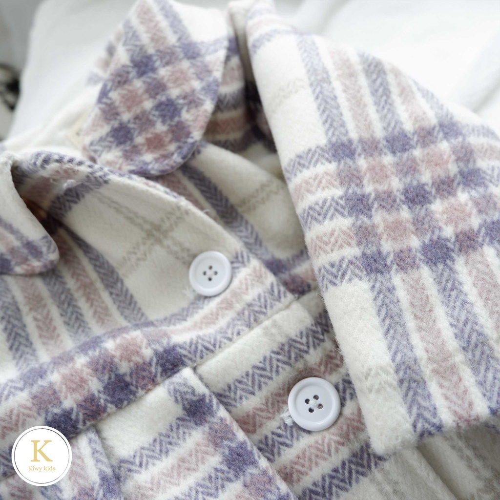 Áo khoác bé gái Kiwy Kids chất dạ lót lông kẻ ô cổ sen điệu đà Kids2144 cho bé từ 8 tháng đến 6 tuổi