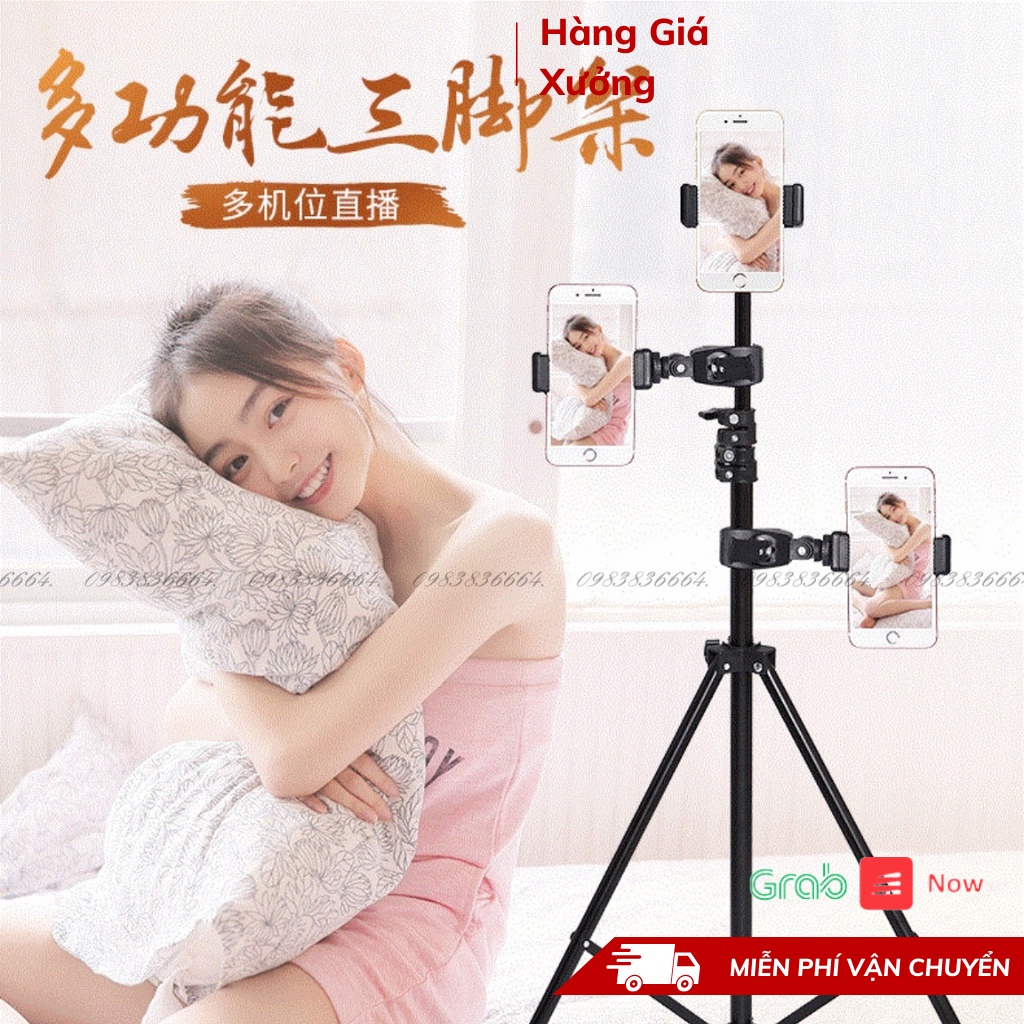 Combo Chân 2.1m + bộ kẹp điện thoại gắn vào chân, tripod hỗ trợ livestream,live, quay  nhiều máy cùng lúc