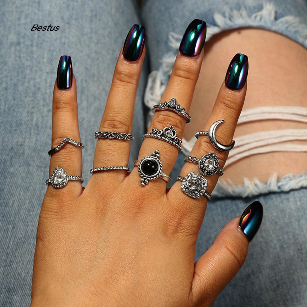Bộ Gồm 10 Nhẫn Hợp Kim Đính Đá Nhân Tạo Thời Trang Dành Cho Nữ