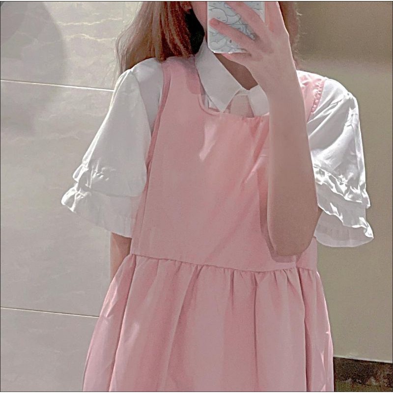 Đầm lưng cao kèm áo sơ mi cánh hoa 100% ảnh thật