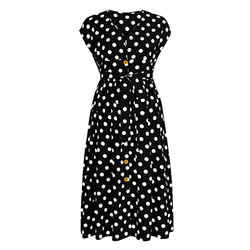 QQ Đầm Chữ A Tay Ngắn Cổ Chữ V Họa Tiết Chấm Bi Thời Trang Quyến Rũ Cho Nữ