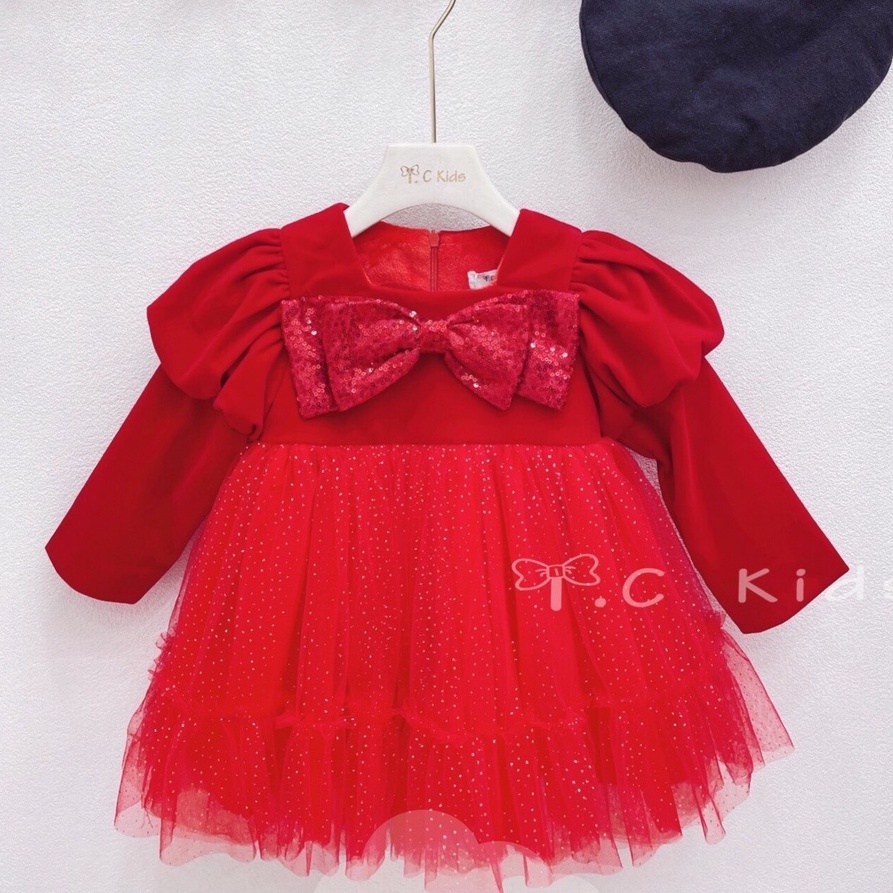 Váy đầm nhung đỏ nơ kim sa công chúa cho bé diện Tết và Noel VTE16