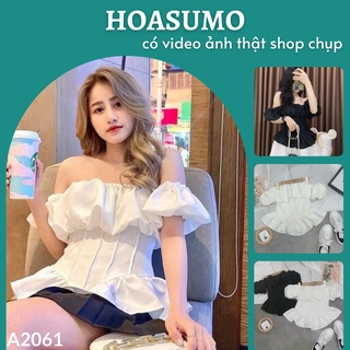 Áo trễ vai nữ tay bồng ngắn croptop chiết ly eo tôn dáng tiểu thư sang chảnh