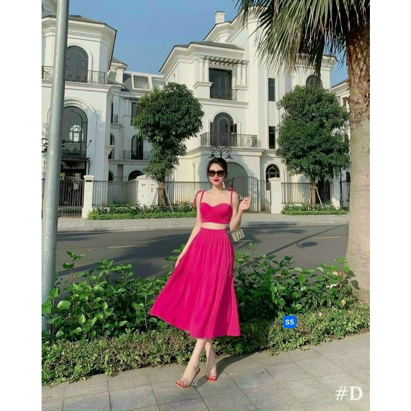 Set áo hai dây nhún ngực và chân váy xòe cực xinh