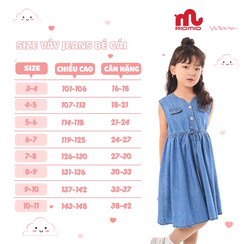Váy jean bé gái sát nách 3-11 tuổi (15-40kg) dáng suông RIOMIO 100% cotton USA cao cấp siêu xinh cho bé - RO212