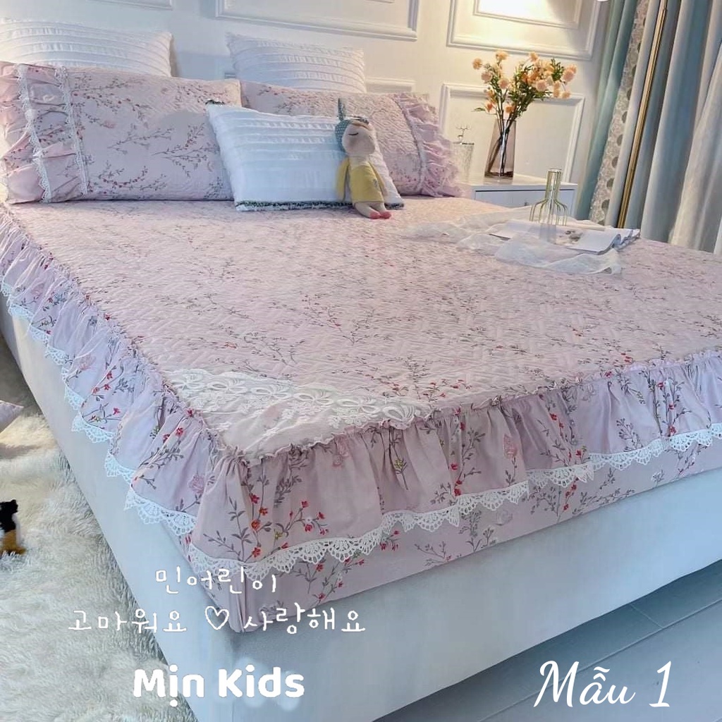 Set ga gối chần bông bo chun, ga gối MỊN KIDS, hoạ tiết hoa nhí Hàn Quốc