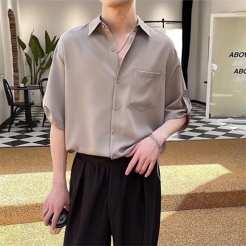 Áo Sơ Mi Mỏng Tay Ngắn Dáng Rộng Cài Nút Co Giãn Màu Trơn Thời Trang Mùa Hè Chất Lượng Cao Phong Cách Hàn Quốc Cho Nam 2022