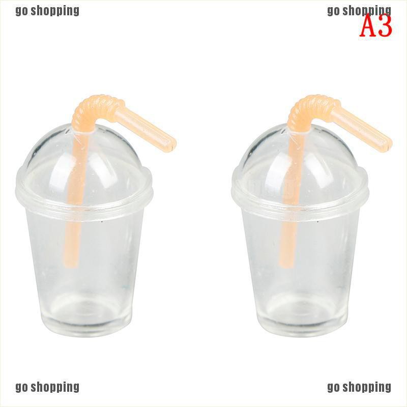 {go shopping}2Pcs 1:12 Dollhouse mini milk tea cup with straw simulation drink model toys