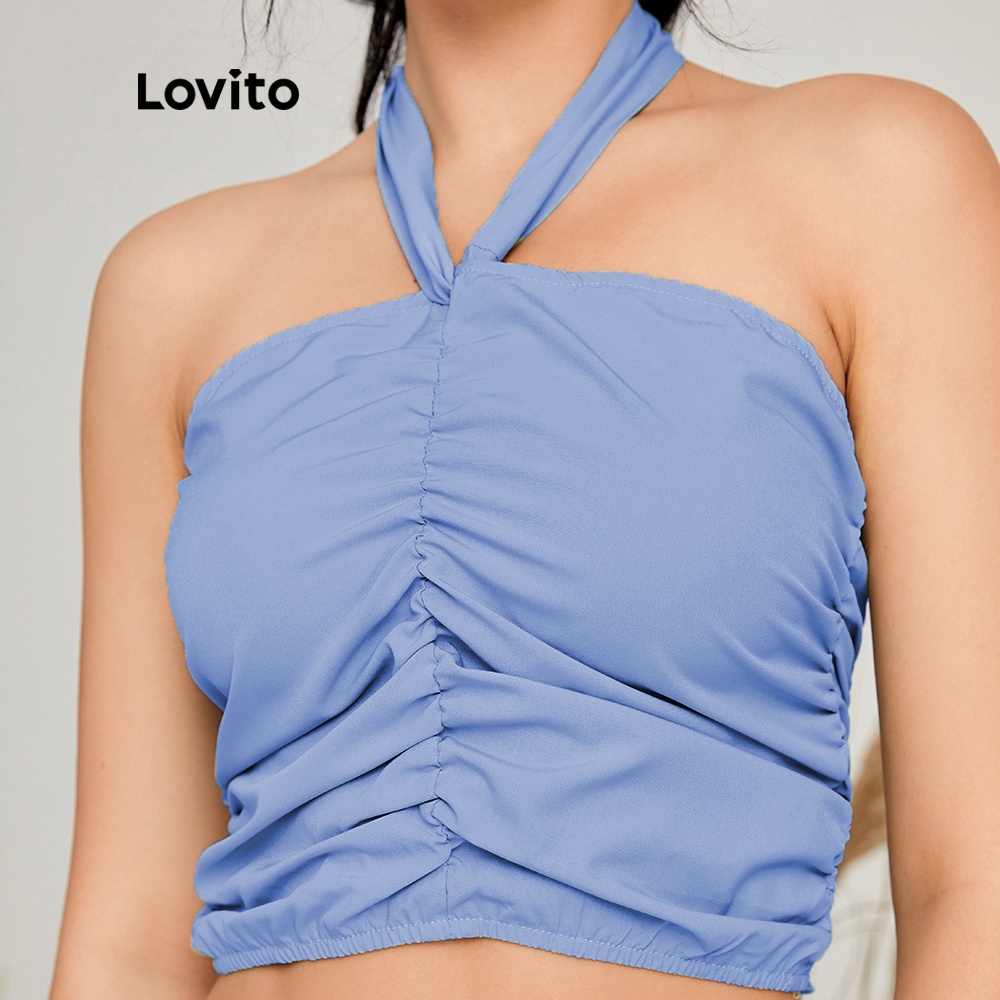Áo sát nách Lovito xếp nếp màu trơn phối dây buộc phong cách Boho L14E016 (Màu xanh dương) | BigBuy360 - bigbuy360.vn