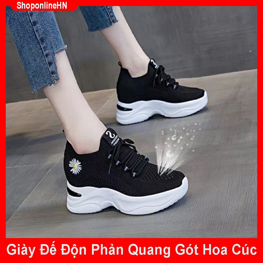 Giày thể thao độn đế nữ 7 cm chất vải lưới thêu hoa cúc phối phản quang cực đẹp | BigBuy360 - bigbuy360.vn
