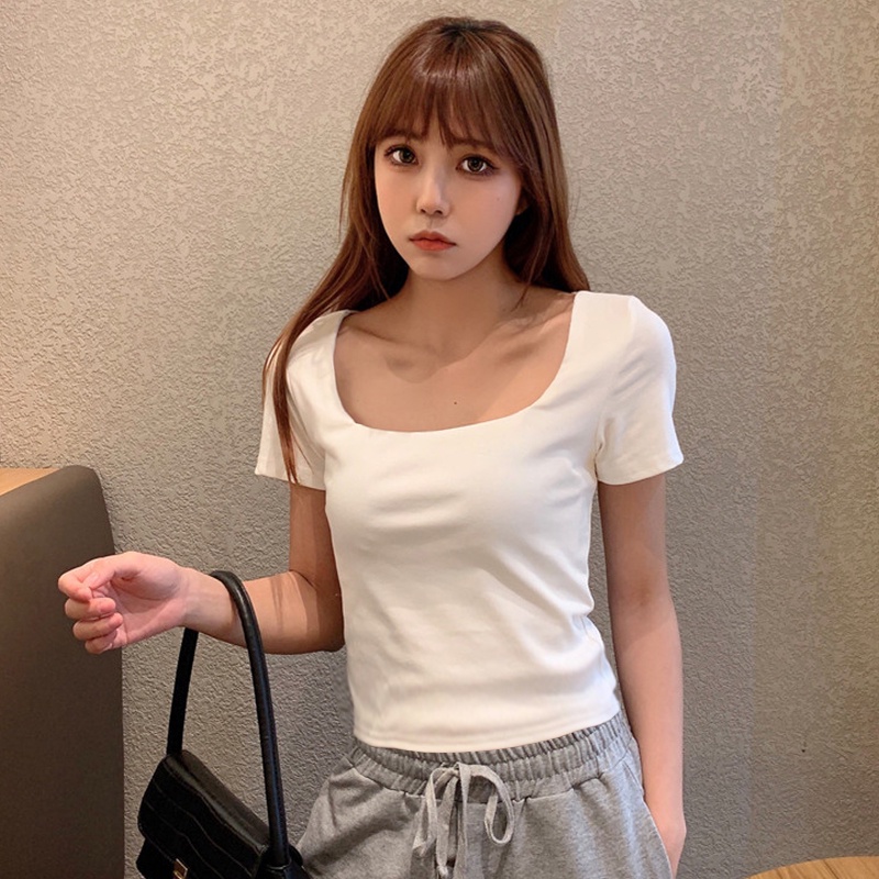 Áo Thun Nữ Tay Ngắn Cổ Vuông 100% cotton thống mát Madela, áo thun nữ dáng ôm body ngắn
