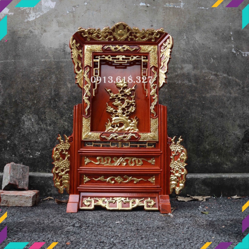 Giá Gương Bàn Thờ Rát Vàng Trạm Cây Tùng Gỗ Hương Cao 81cm