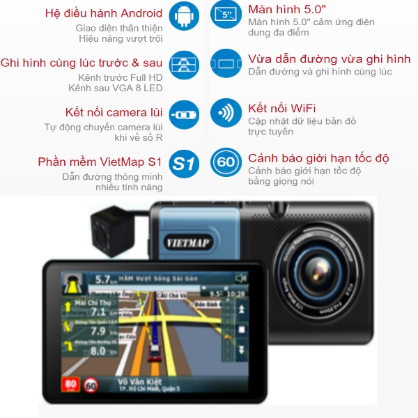 Camera Hành Trình Vietmap A50 - Ghi Hình Trước Sau - Dẫn Đường S1 - Thẻ Nhớ 64Gb