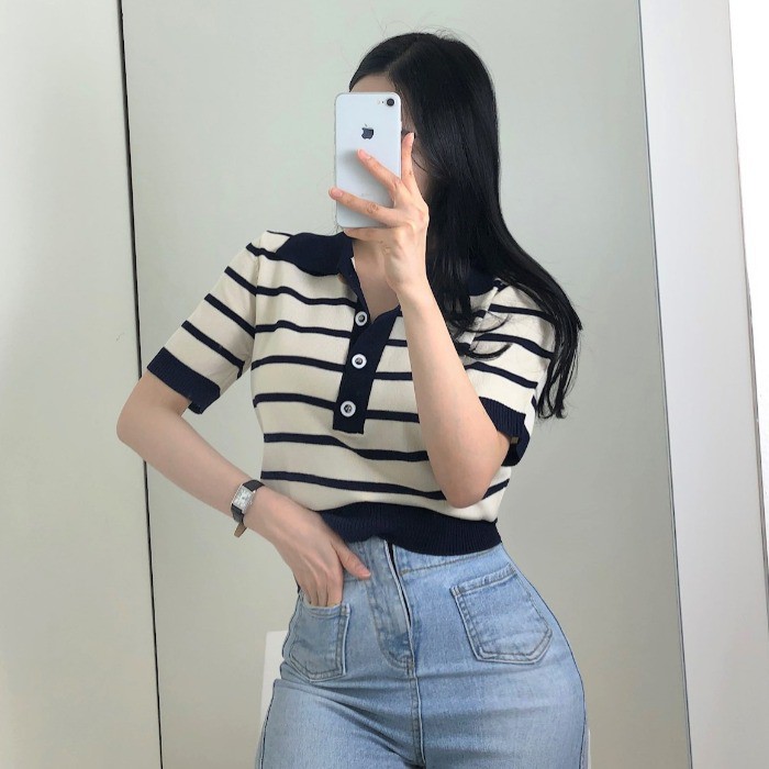 Áo thun nữ Ngắn tay Cổ bẻ POLO Phối cúc Ulzzang Hàn Quốc Áo Phông thun nữ Tay ngắn Có cổ Retro Thời trang | BigBuy360 - bigbuy360.vn