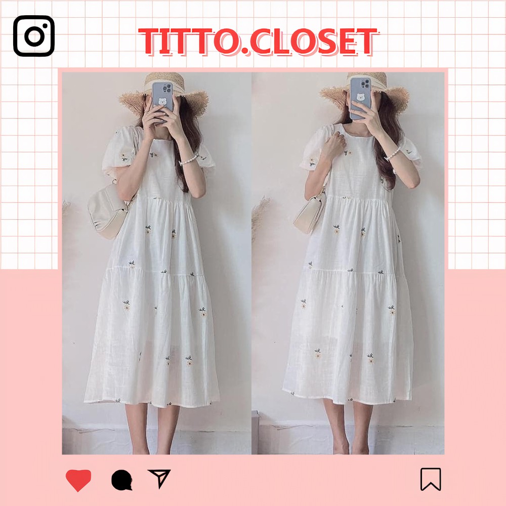 Váy Hoa Nhí Dáng Dài Tay Bồng - Họa Tiết Hoa Cúc - Vintage Ulzzang - Ảnh Thật - Titto Closet