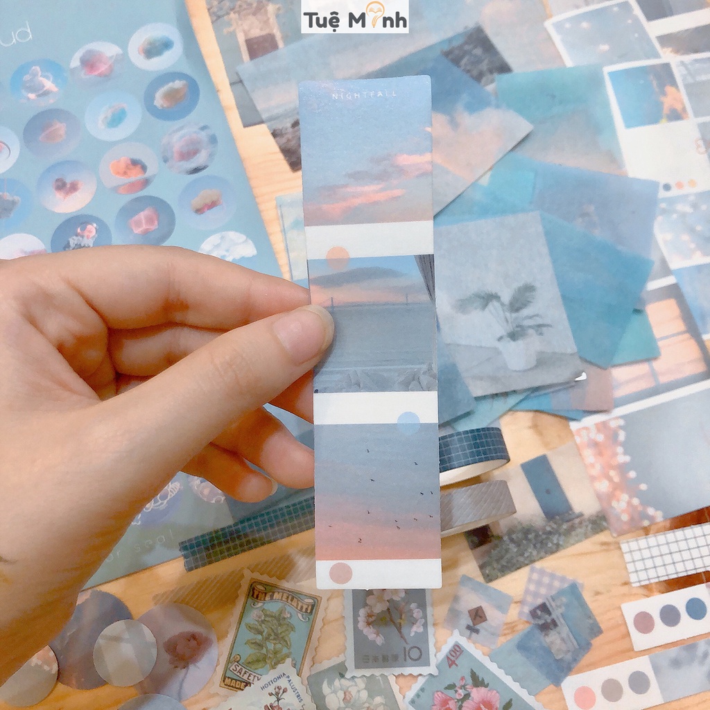 Trọn bộ trang trí Bullet journal Blue gồm sticker, washi tape tông xanh dương Luv107