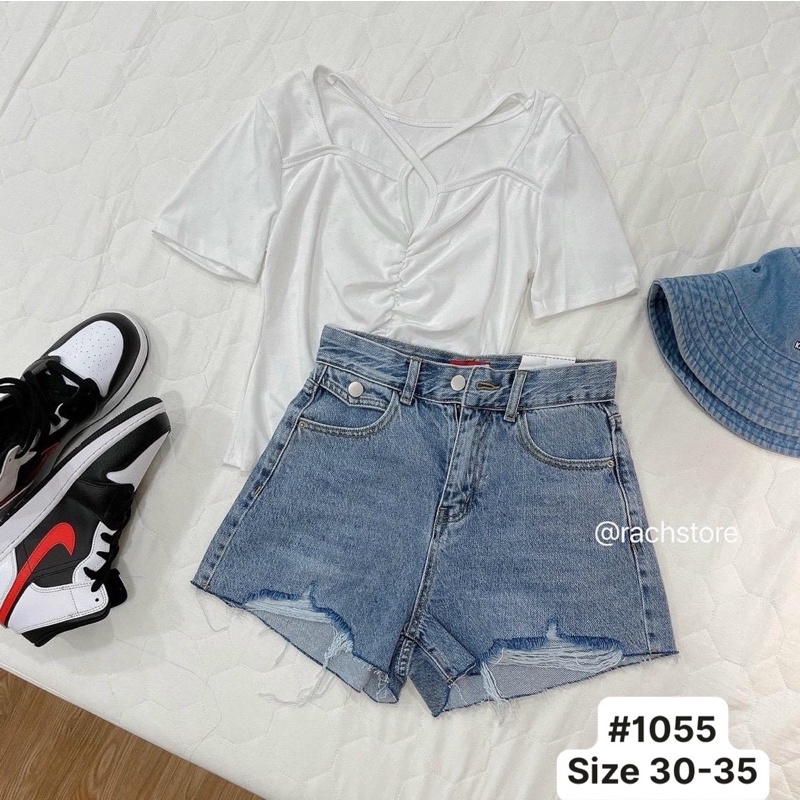 Quần Short Jean Nữ Bigsize Lưng Cao Túi Nắp Kiểu Phối Rách Phong Cách Size Đại Đến 80kg Ms1055