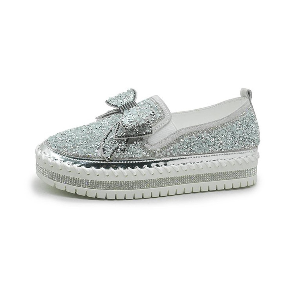 Women's Loafers Womens Casual Shoe Rhinestones BowknotThick-Soled Flats Slip-on Loafers Slippers winwinplus 