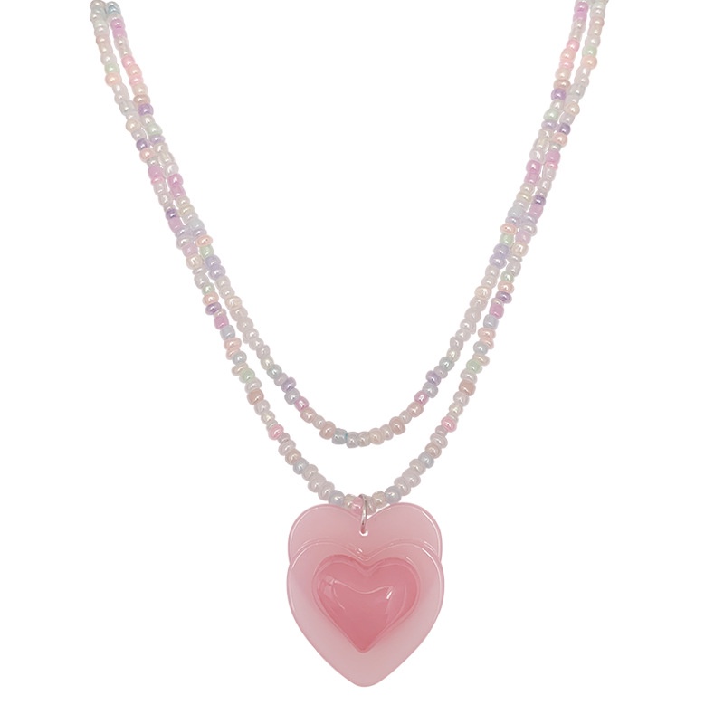 Dây Chuyền Hai Lớp Mặt Trái Tim Đính Hạt Màu Hồng Thời Trang Mùa Hè Hàng Mới 2022 Dành Cho Bạn Gái
