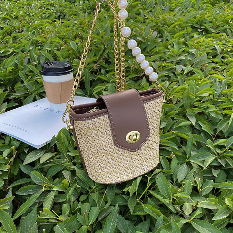 IELGY Túi Đeo Vai Dáng Xô Đính Ngọc Trai Phối Dây Xích Thời Trang Cho Nữ