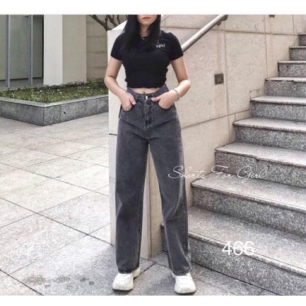 Quần jean ống rộng xám khói trơn suông dài cao cấp