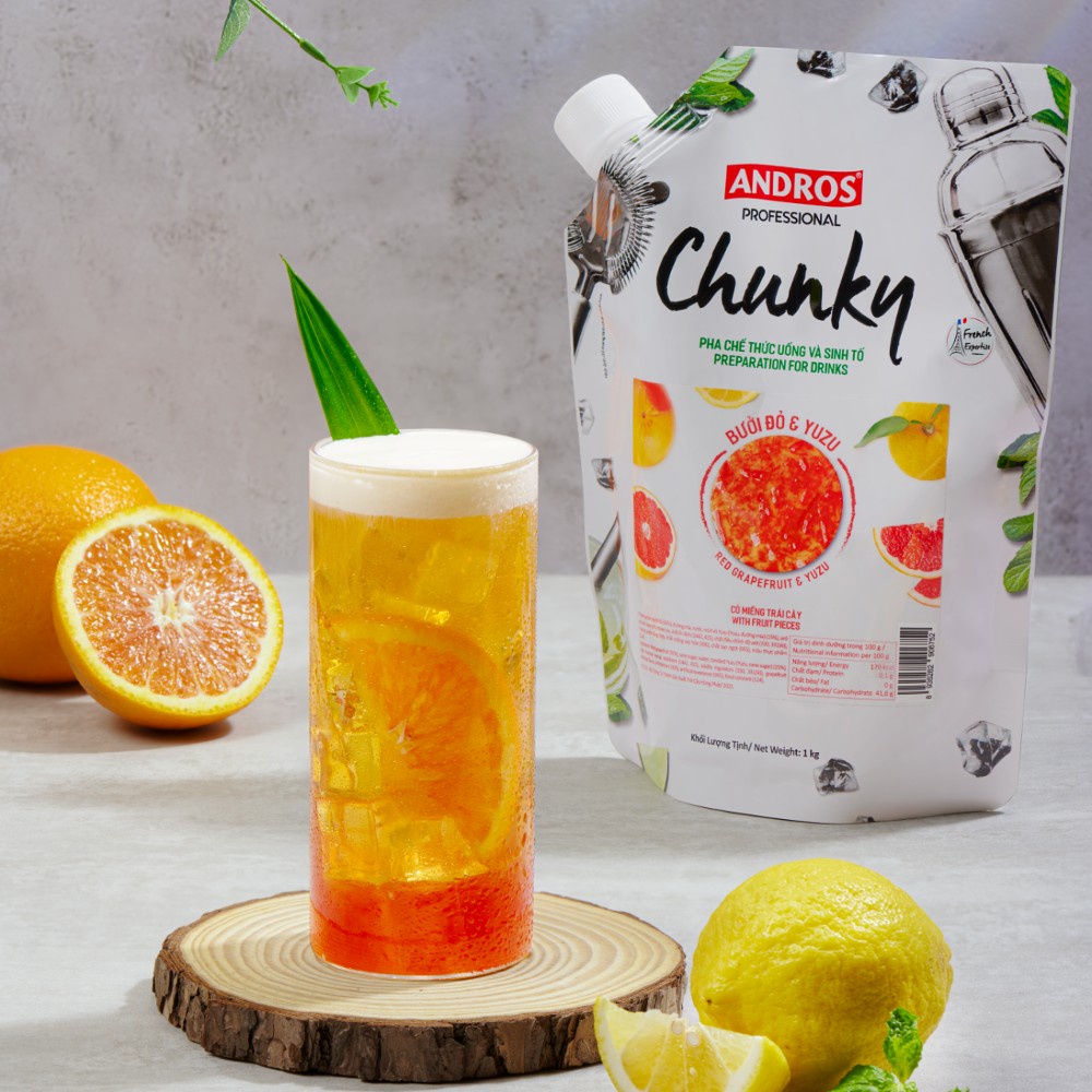 Mứt Trái Cây Pha Chế Bưởi đỏ & Yuzu - Có miếng trái cây thật - Nguyên liệu pha chế -  ANDROS CHUNKY - 1kg