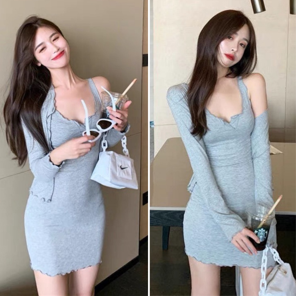 Set váy body kèm áo choàng tay dài 2 màu đen ghi siêu quyến rũ
