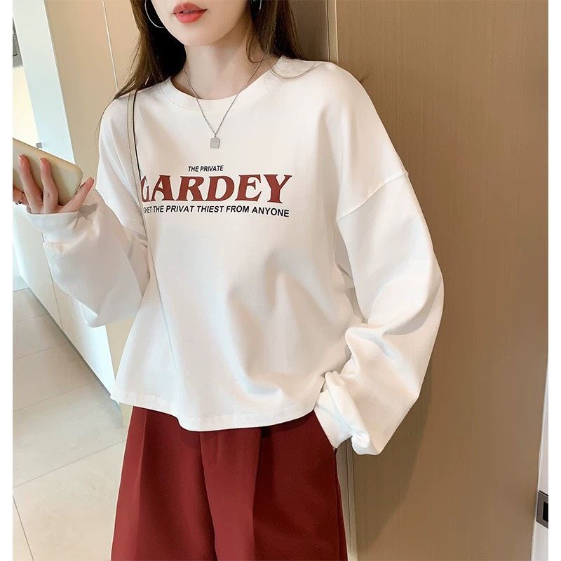 Áo phông thun nữ in chữ cổ tròn dài tay thu đông form rộng dáng croptop Quảng Châu - Ảnh thật Yena Closet 690