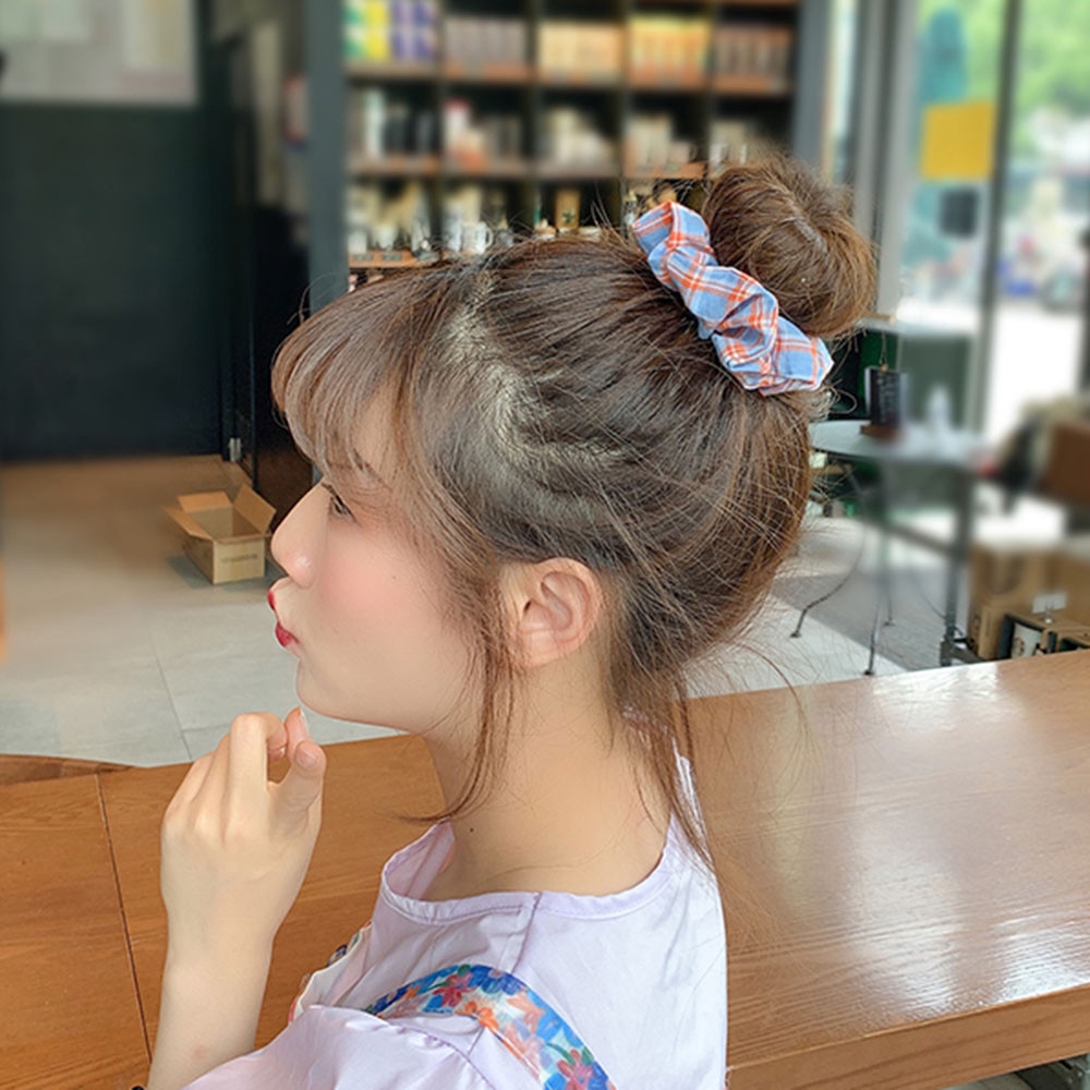 Blue Plaid Hair Circle French Retro Ponytail Hair Rope Hair Accessories Girl