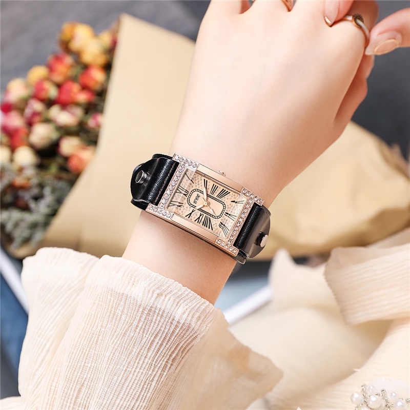 Đồng Hồ Quartz Mặt Chữ Nhật Dây Da Phong Cách Vintage