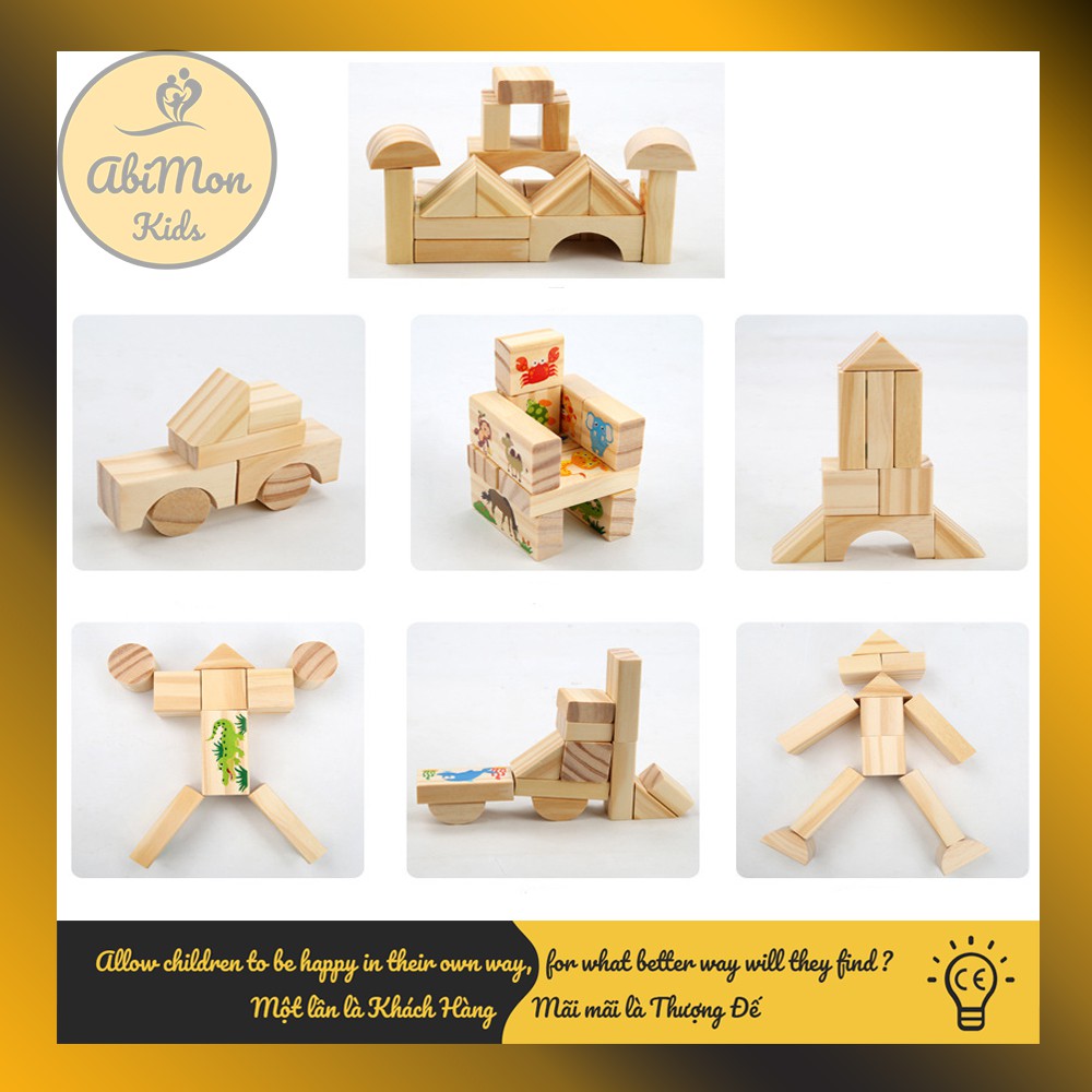 Bộ Xếp Hình Gỗ Xây Dựng Cho Bé (42 chi tiết) ☘️ Montessori cao cấp ✨ (Đồ chơi Gỗ - Giáo Dục - An toàn - Thông minh)