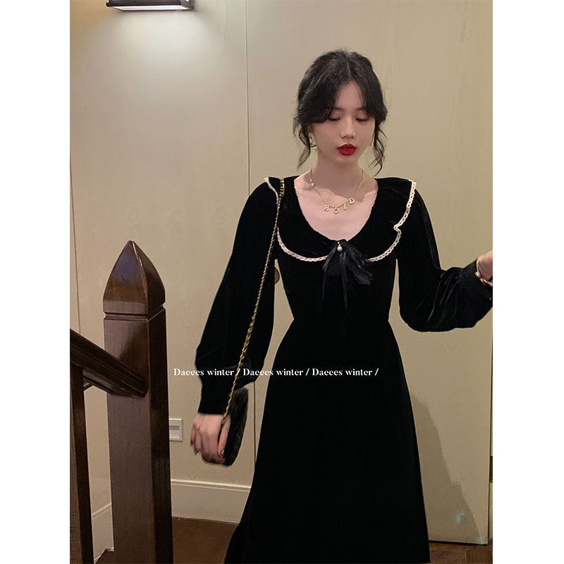 2023 Đầm midi Đen Tay Dài Phong Cách Retro Thanh Lịch Cho Nữ