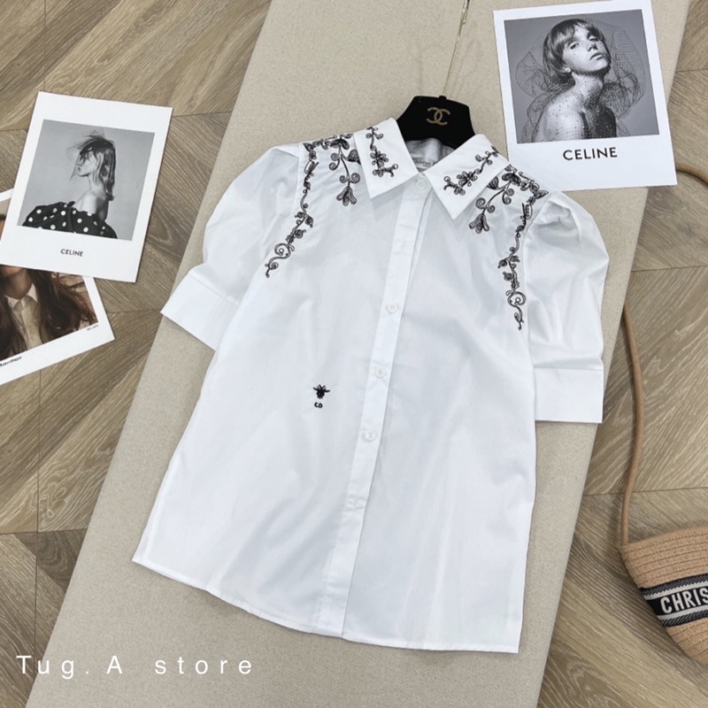 Áo Sơ mi cộc tay dior thêu hàng Quảg châu cao cấp