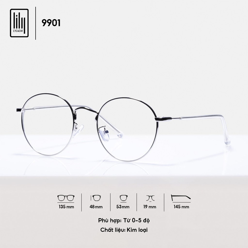 Gọng kính cận nam nữ LILYEYEWEAR mắt tròn kim loại thanh mảnh phụ kiện thời trang 9901