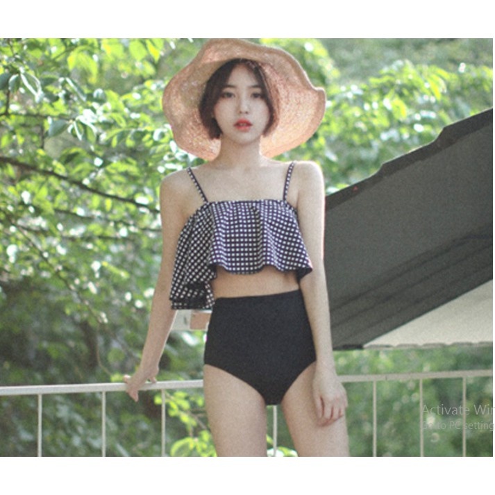 Đồ Bơi Nữ Đi Biển Quần Cạp Cao kèm Voan Bèo 2 Dây Mặc Được 2 Kiểu Quây Ngực Và Trễ vai