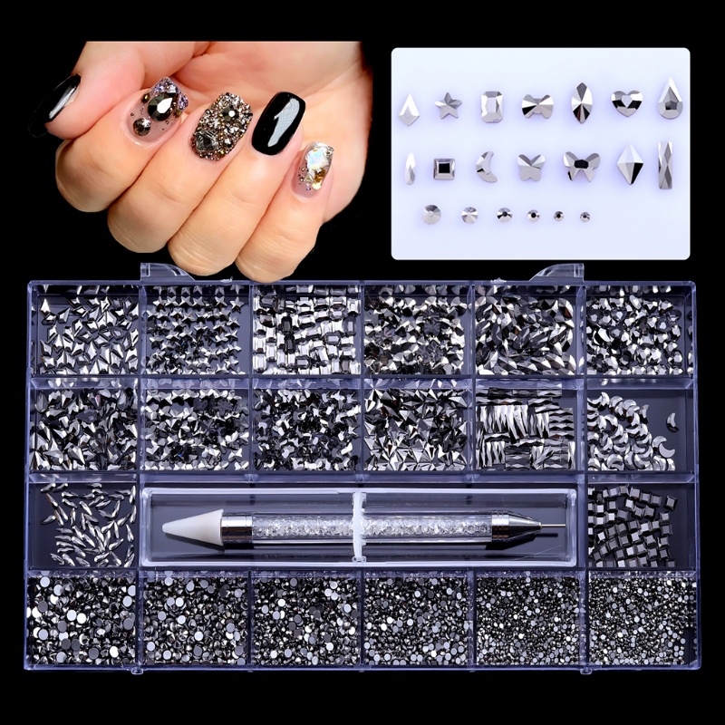 Hộp Hạt Pha Lê 21 Ngăn Mặt Phẳng 3D Trang Trí Móng Tay Nghệ Thuật DIY
