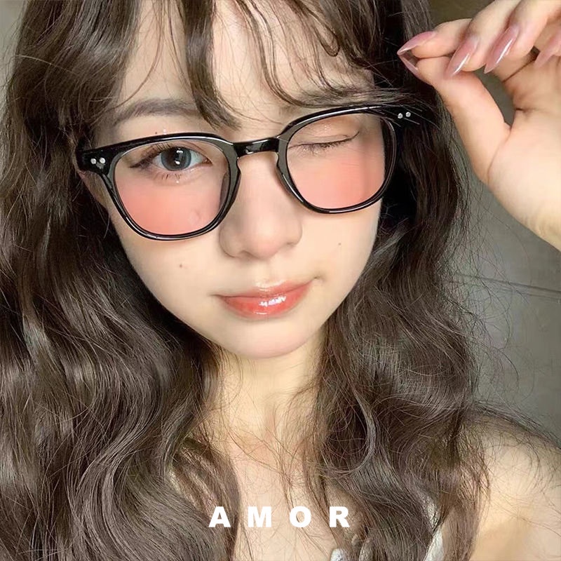 kính má hồng Gm Kính Má Hồng Phong Cách Hàn Quốc Chống Ánh Sáng Xanh Dương Hồng Nhạt Gọng Đen Thần Kỳ Dành Cho Bạn Nữ