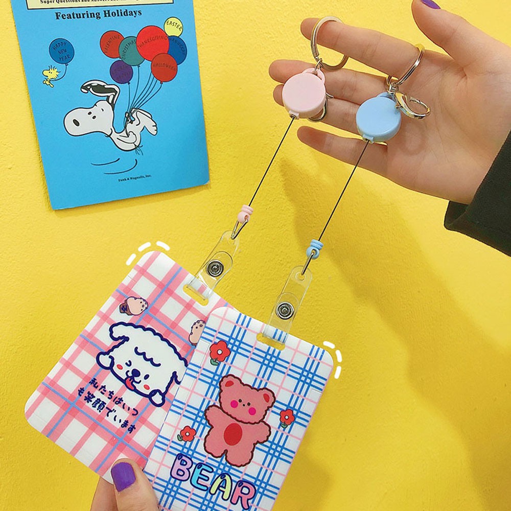 MOCHO Women Men Retractable Credit Card Holders Lovely Short Rope Keychain Bus Card Holder Cartoon Pattern Cute School Student Bag Pendant Bear Rabbits Girls Animal Korean style Name Card Protection Cover