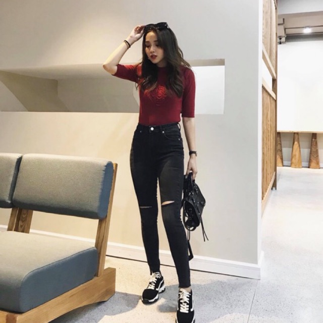 Quần Jeans Đen LƯNG THUN Rách 2Gối BIG SIZE - Lưng Cao Trên Rốn- Co Giãn Mạnh