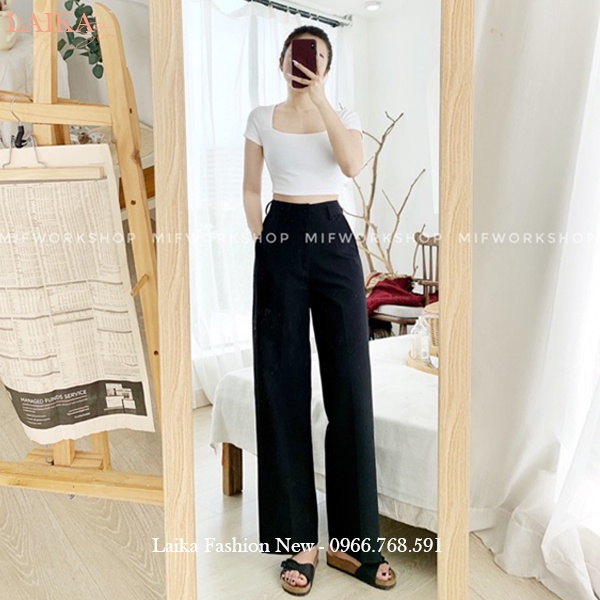 Quần tây nữ ống rộng đi học lưng cao dáng suông dài 100cm màu Đen - Quần ống rộng cạp cao đi học chơi làm công sở xinh