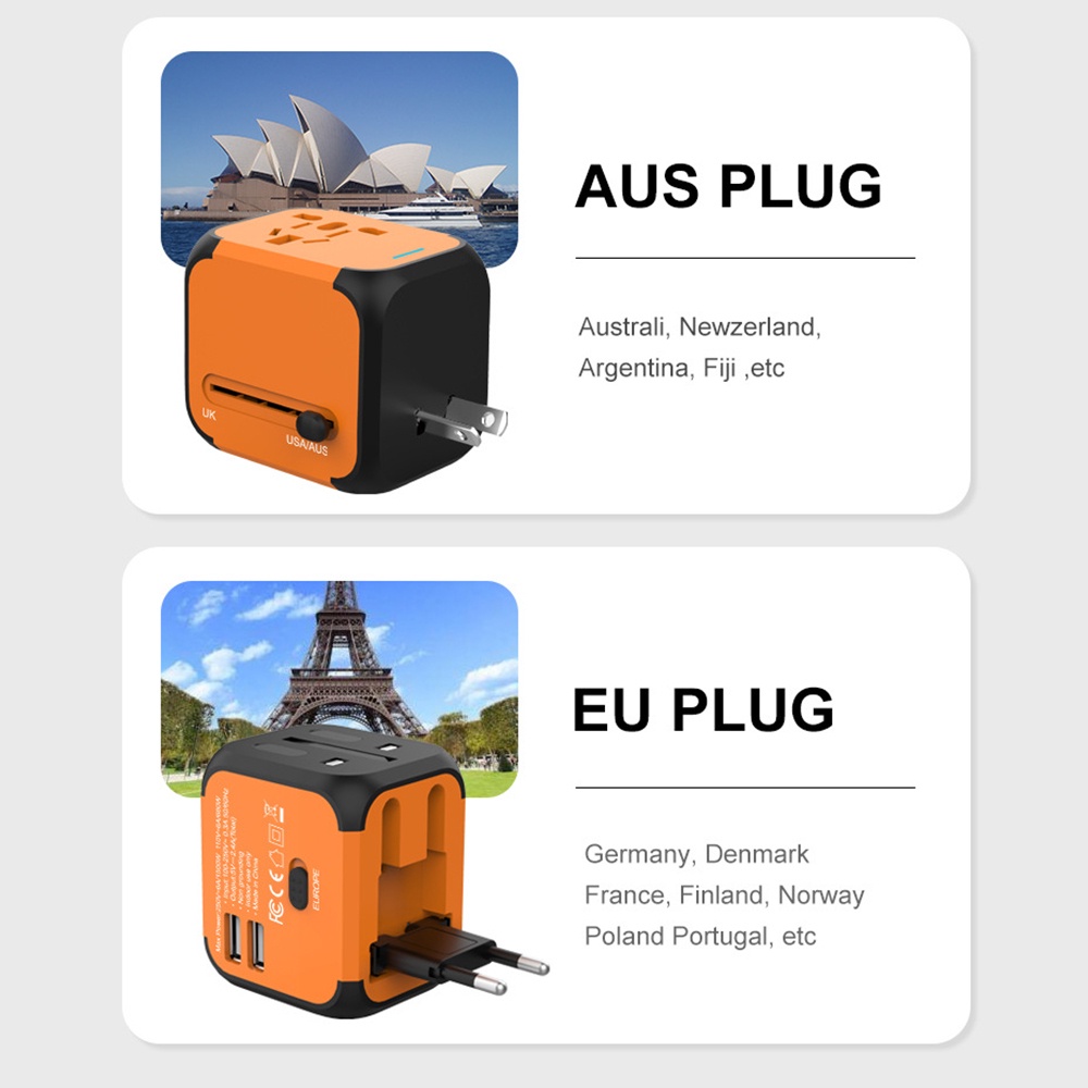 Phích Cắm Điện Đa Năng EU UK US AU Với 2 Cổng Sạc USB 5V 2.4A