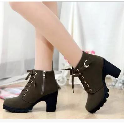 Giày Boots Cột Dây Kèm Khóa Kéo