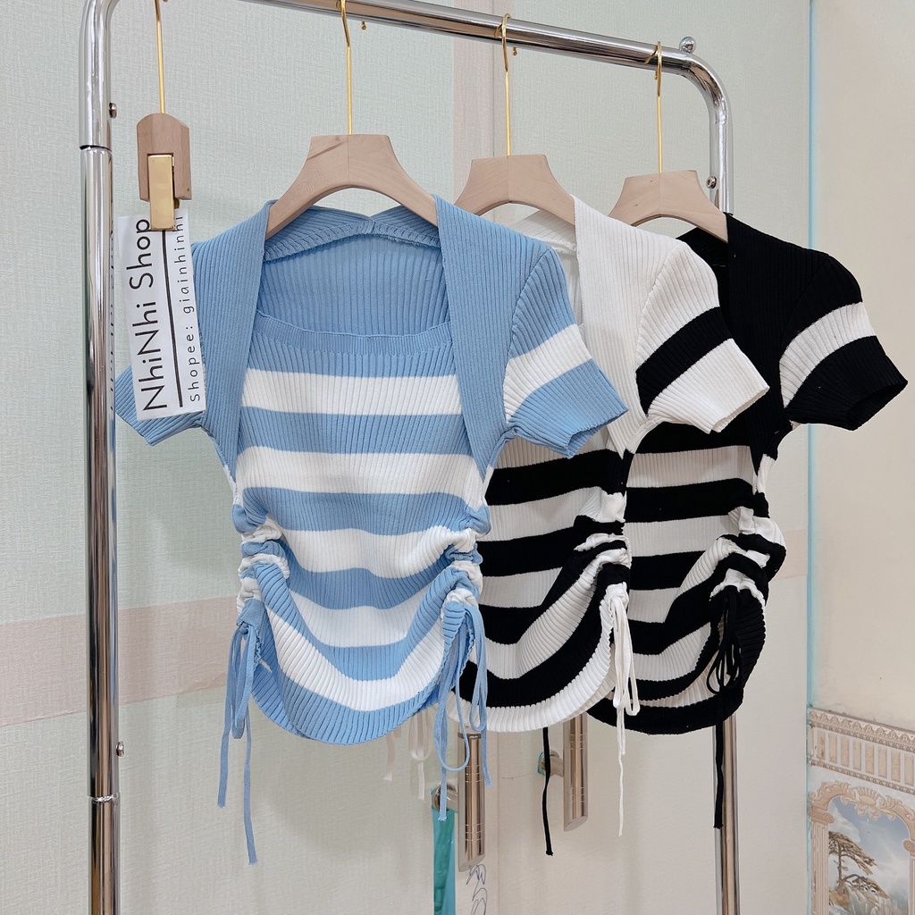 Áo len kiểu rút dây cô vuông sexxy, Áo len tăm dáng ôm co giãn AL1352 - NhiNhi Shop